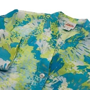 Ruby Rd Fav 3/4 Sleeve Button Front Burnout‎ Shirt Teal Yellow White Floral 10